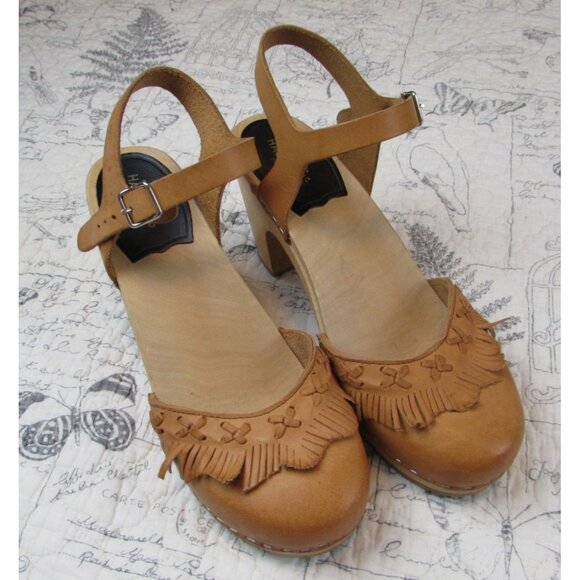 NEW Swedish Hasbeens Tan adorable Leather Fringy Clog Sandal  EU 39 US 9 - Picture 1 of 8